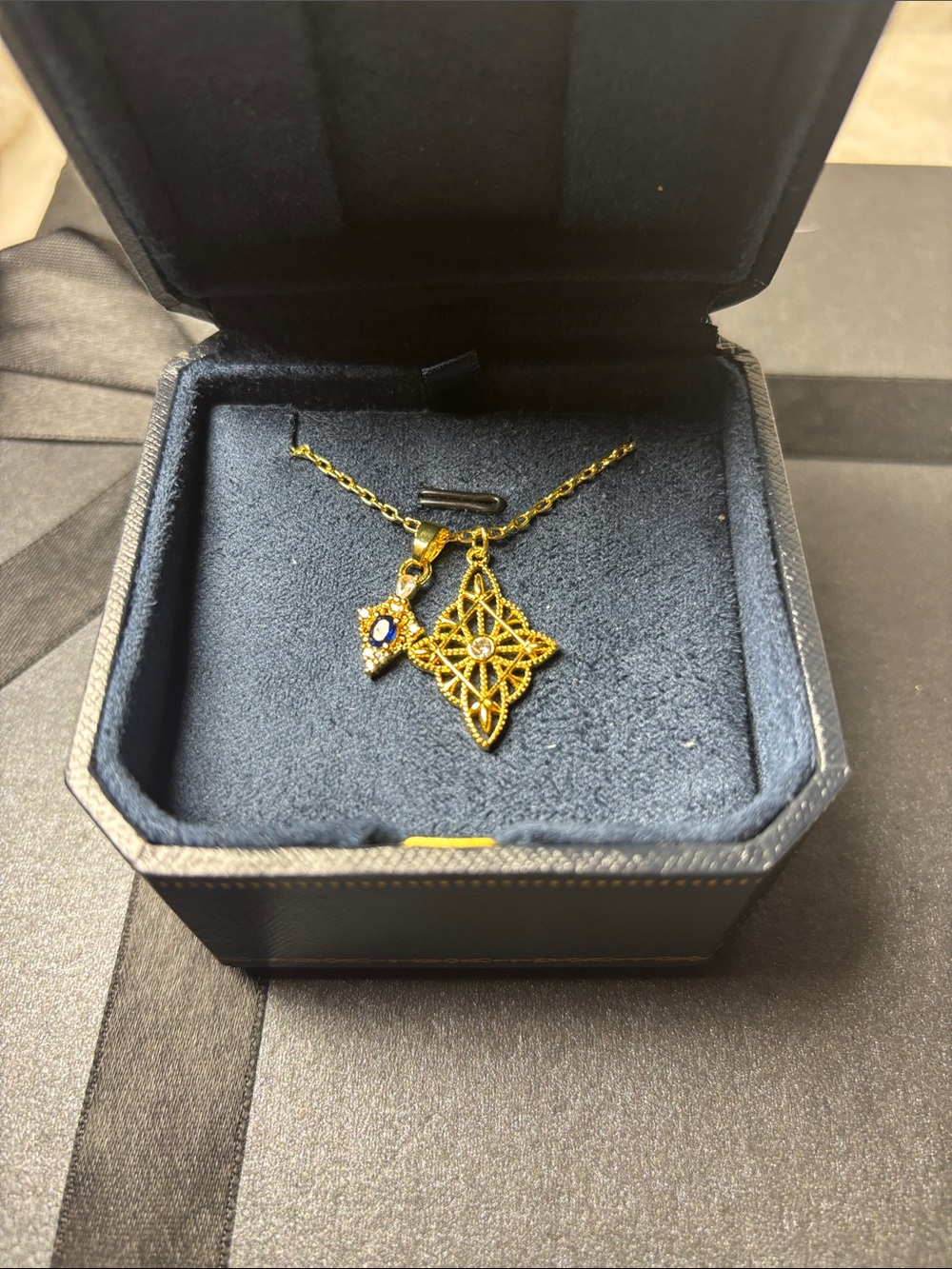 Gold Filigree Star Pendant Necklace with Separate Charm Blue Stone Accent NWT